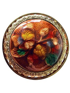 Vintage Reverse Carved Lucite Brooch Gold Tone Floral Pin 1950s New Old Stock